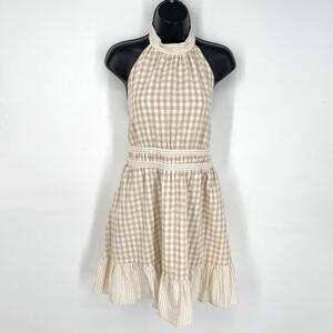 Lost + Wander NEW Island Picnic Gingham Cotton Linen Halter Dress Sz L Ruffle